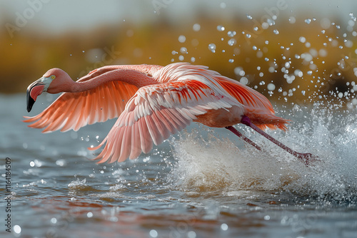 Graceful pink flamingo captured in a stunning close-up, highlighting its vibrant feathers, elegant curves, and serene beauty. A perfect representation of nature’s artistry. photo