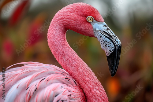 Graceful pink flamingo captured in a stunning close-up, highlighting its vibrant feathers, elegant curves, and serene beauty. A perfect representation of nature’s artistry. photo