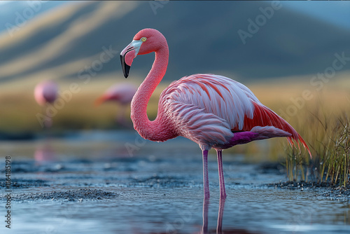 Graceful pink flamingo captured in a stunning close-up, highlighting its vibrant feathers, elegant curves, and serene beauty. A perfect representation of nature’s artistry. photo