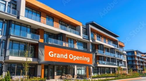 Modern apartment complex grand opening announcement.