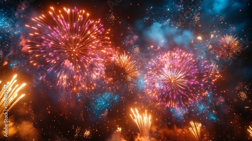 Vibrant fireworks display exploding in night sky. 