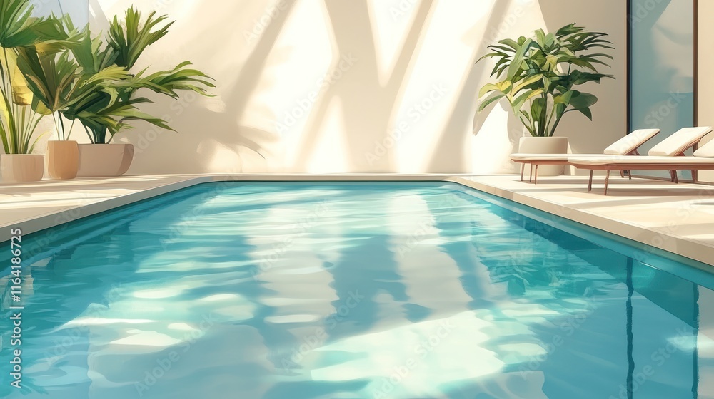 Fototapeta premium Indoor pool with sunlit reflections, plants, and lounge chairs.