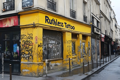 Yellow Tattoo Shop Front in City Street, called ruthless tattoo
 photo