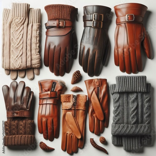 Stylish gloves in various materials like leather and knit displa photo