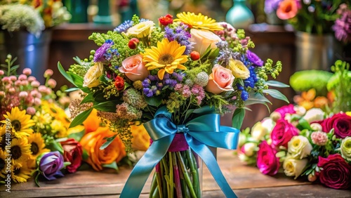 A beautifully arranged cotillon with a colorful ruban cadeau tied around its stem, floral arrangements, floral gifts