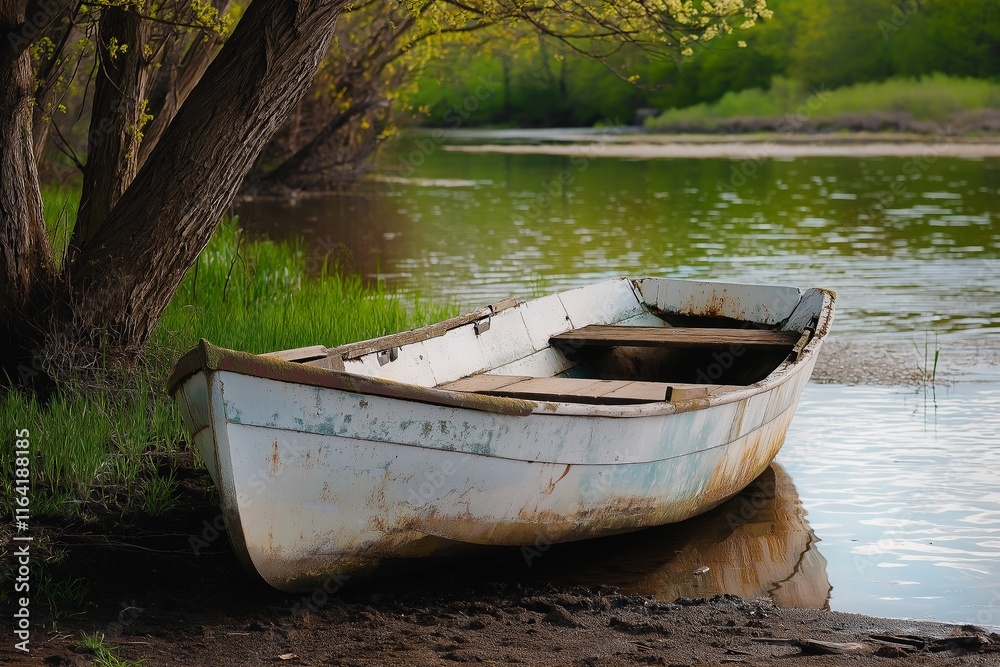 A rustic, weathered boat rests peacefully on the riverbank. A rustic, weathered boat rests peacefully on the riverbank.