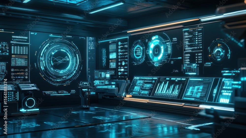 Futuristic control room with glowing digital displays and futuristic technology. Futuristic control room with glowing digital displays and futuristic technology.