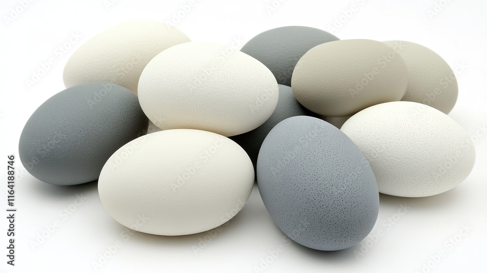 A simple arrangement of neutral-colored eggs placed asymmetrically on a clean white background. A simple arrangement of neutral-colored eggs placed asymmetrically on a clean white background.