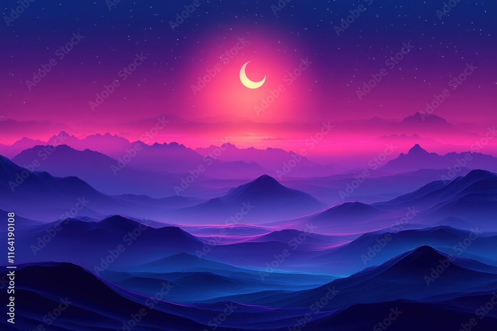 Crescent moon over a vibrant, hazy mountain range at sunset. Crescent moon over a vibrant, hazy mountain range at sunset.