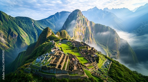 Majestic Machu Picchu sunrise, shrouded in mist, nestled in Andes mountains.