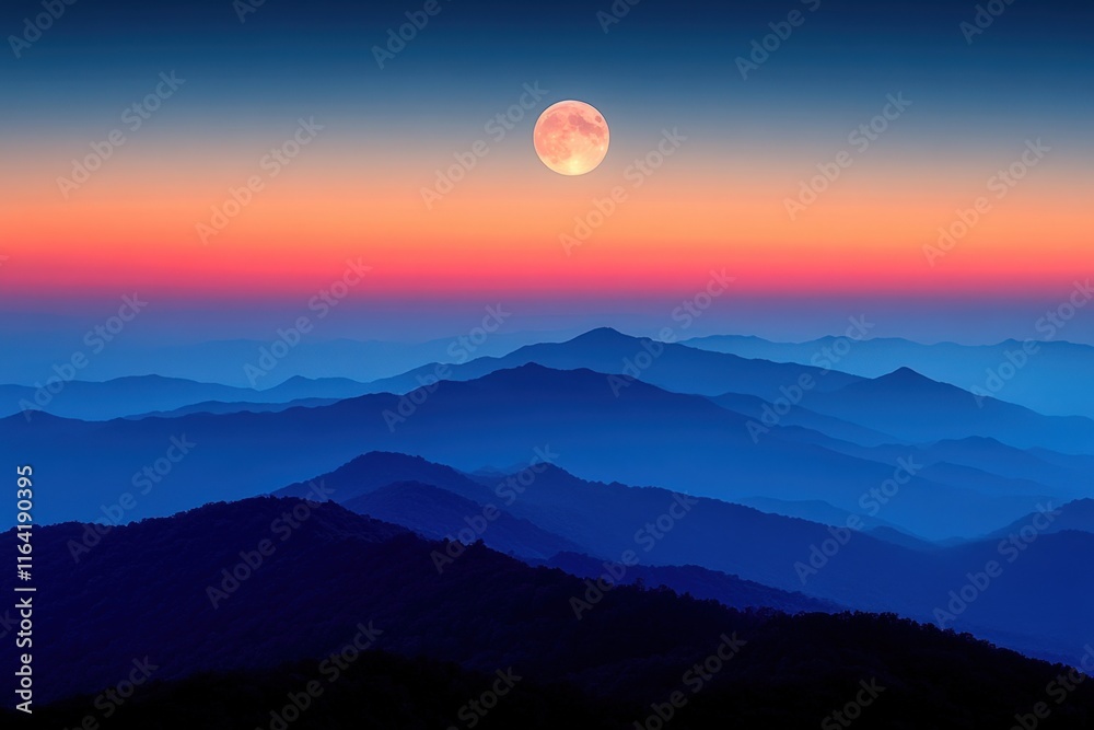 Full moon rising over layered blue mountains at sunset.