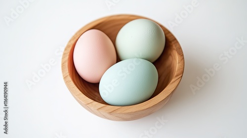 Wallpaper Mural A solitary pastel egg resting in a small wooden bowl on a clean white surface. Torontodigital.ca