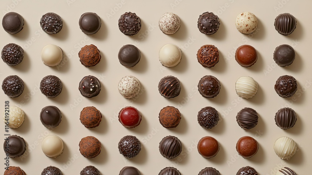 A variety of chocolate candies arranged in a pattern on a light beige surface with soft lighting. A variety of chocolate candies arranged in a pattern on a light beige surface with soft lighting.