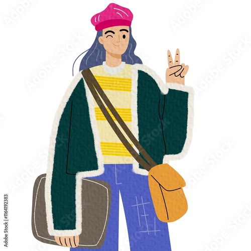 Teenager student wearing fashionable and modern clothes gesturing showing victory sign. Isolated college or university pupil with laptop and bag. Vector illustration on white background. photo