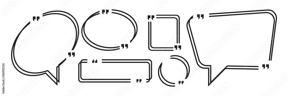 A set of stylish speech bubbles with quotation marks in various shapes. Perfect for quotes, dialogues, and text highlights in design projects. Includes rounded decorative designs. A set of stylish speech bubbles with quotation marks in various shapes. Perfect for quotes, dialogues, and text highlights in design projects. Includes rounded decorative designs.