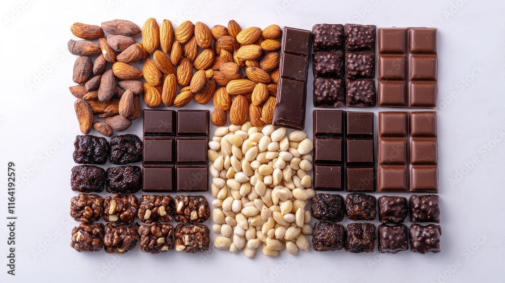 A variety of low-sugar chocolate snacks with a blend of nuts, dried fruits, and seeds, arranged artfully on a light background. A variety of low-sugar chocolate snacks with a blend of nuts, dried fruits, and seeds, arranged artfully on a light background.