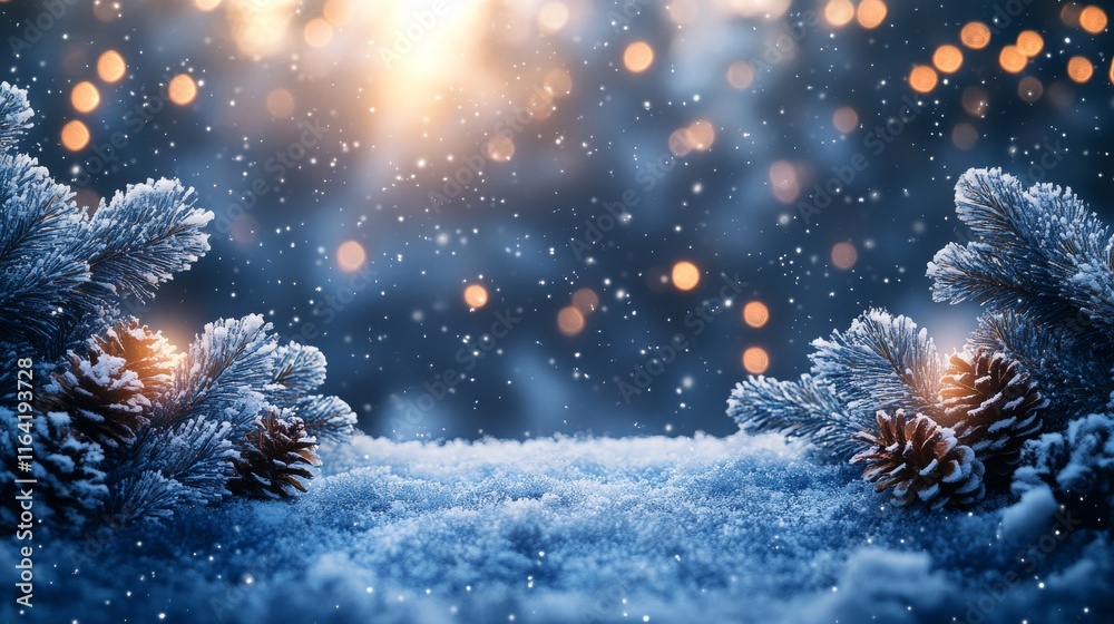Fototapeta premium Snowy winter scene with pine branches, pinecones, and bokeh lights.