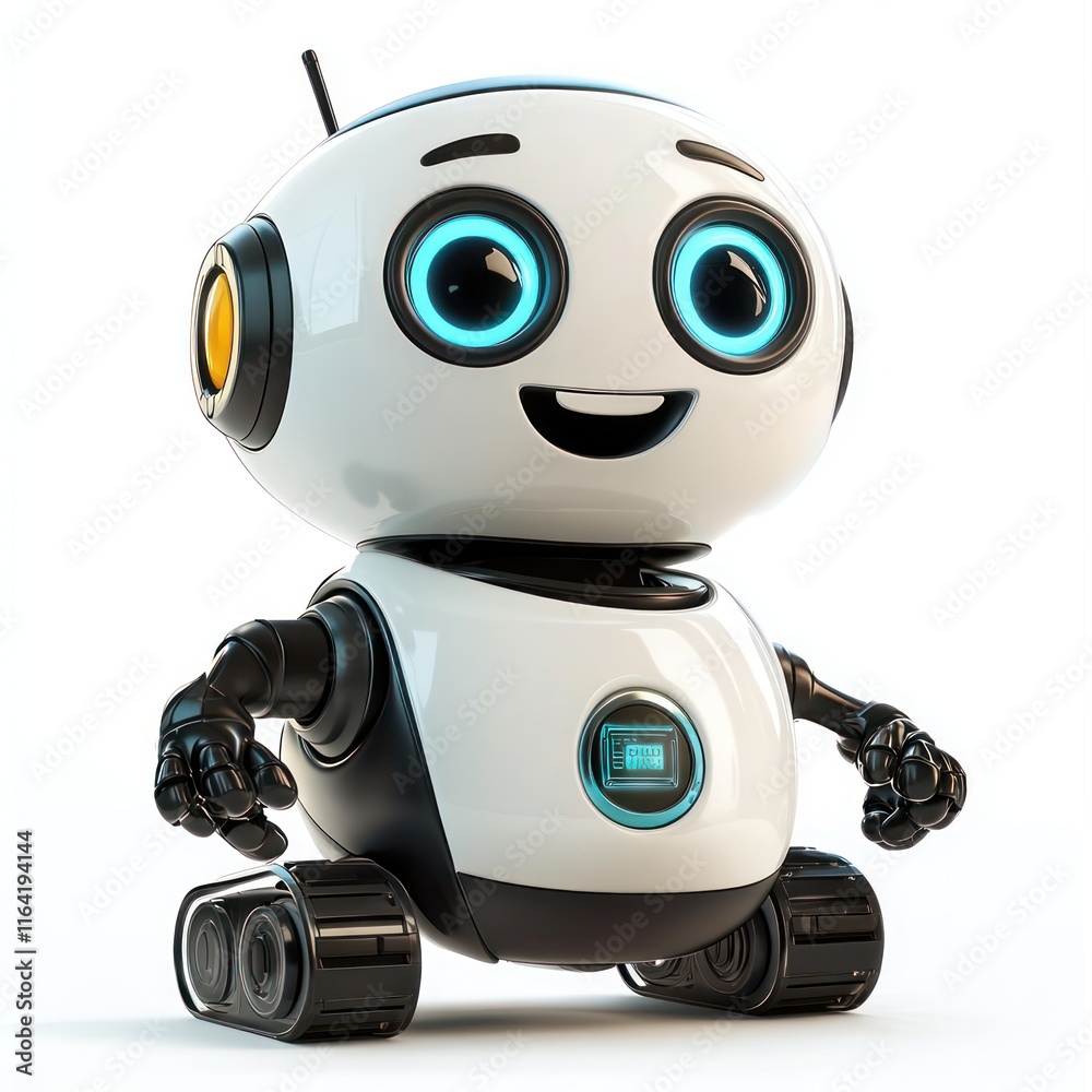 Tiny cleaning robot with a cheerful smile. vector style art 3d illustration Isolated on White Background Tiny cleaning robot with a cheerful smile. vector style art 3d illustration Isolated on White Background