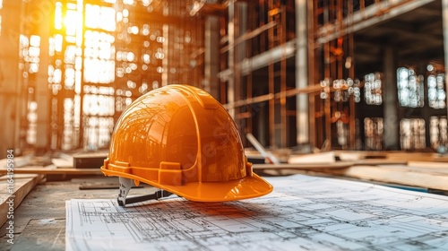 Construction Site with Safety Helmet and Blueprints photo