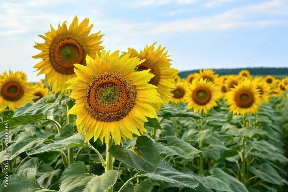 Sunflower field blooms under a clear sky during a warm summer afternoon Sunflower field blooms under a clear sky during a warm summer afternoon