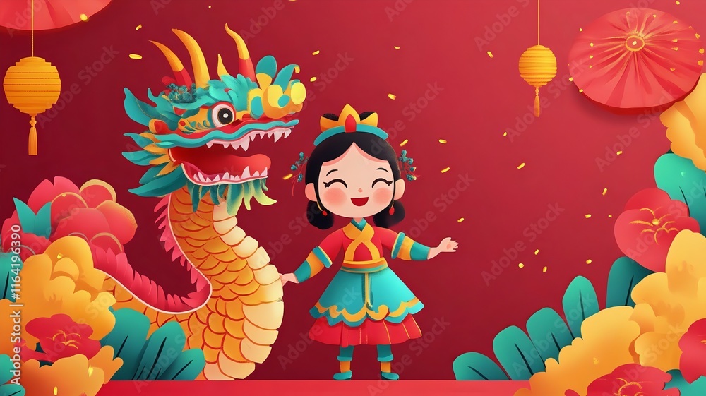 Naklejka premium Joyful of Asian Cultural Heritage with Mythical Dragon and Girl