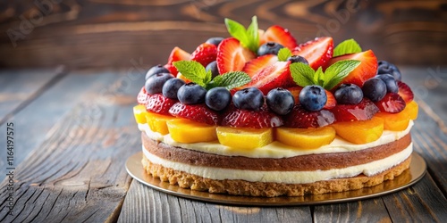 Una tarta de colores multicolore con capas de crema y frutas frescas, cubierta con una delgada capa de chocolate photo