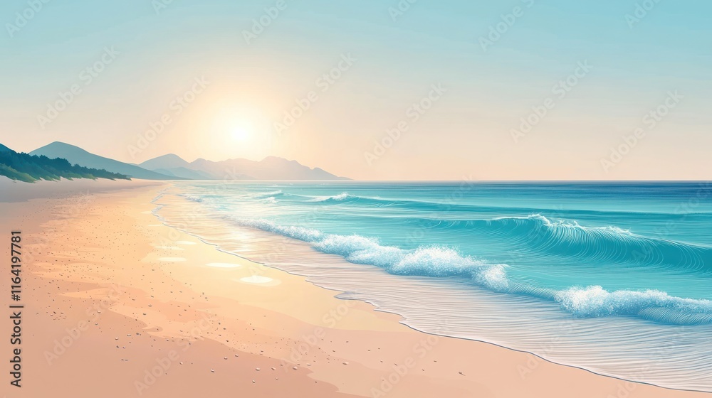 Serene sunrise over tranquil beach with gentle waves. Serene sunrise over tranquil beach with gentle waves.