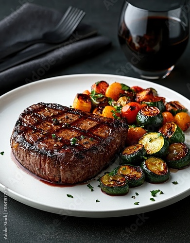 Grilled steak with roasted vegetables served elegantly on a white plate in an upscale dining setting