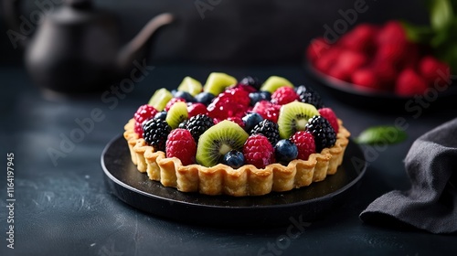 Vibrant fruit tart topped with assorted berries and kiwi on a dark surface with elegant tea set in the background photo