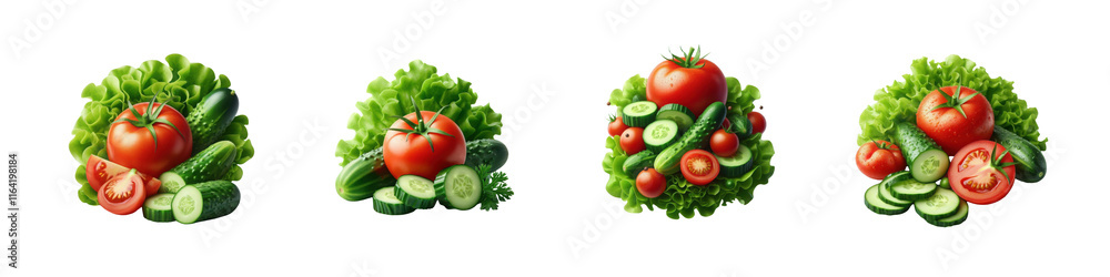 Set of Fresh cut tomato, cucumber and lettuce, isolated over on transparent white background Set of Fresh cut tomato, cucumber and lettuce, isolated over on transparent white background