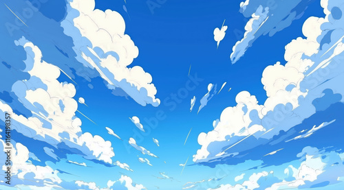 A vast expanse of blue sky filled with fluffy white clouds creates a serene atmosphere. The sunlight enhances the brightness, inviting relaxation and joy in nature.