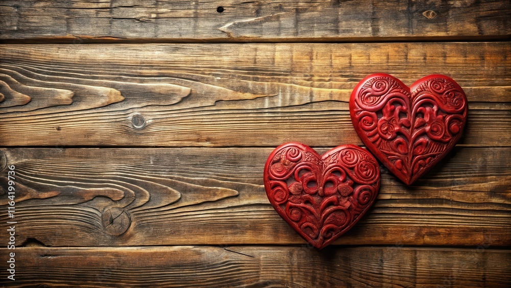 Fototapeta premium Two red hearts carved into a wooden plank with intricate patterns and textures , intimate setting, Valentine's Day aesthetic
