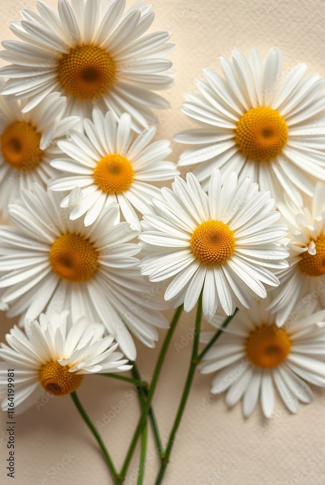 Fototapeta premium Delicate White Daisies with Yellow Centers Arranged Elegantly on a Soft Background