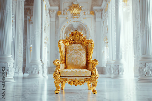 A regal King Throne stands in a grand hall, adorned with intricate carvings and luxurious fabrics, symbolizing power and authority in a generative stock photo
