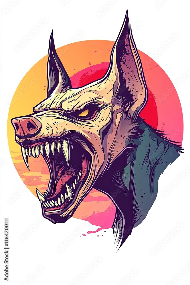 Obraz premium Aggressive snarling dog-like creature head illustration with sharp fangs against a sunset background.