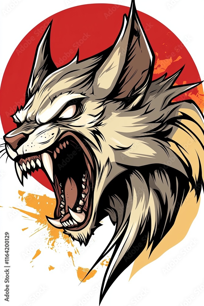Obraz premium Aggressive, snarling lynx head illustration against a red sun graphic.