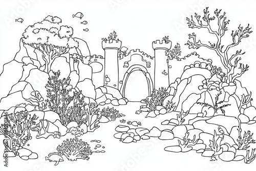 Wallpaper Mural A magical underwater castle coloring book scene featuring mermaids swimming around, dolphins jumping through coral arches, and glowing jellyfish lighting the castle walls. Add intricate patterns  Torontodigital.ca