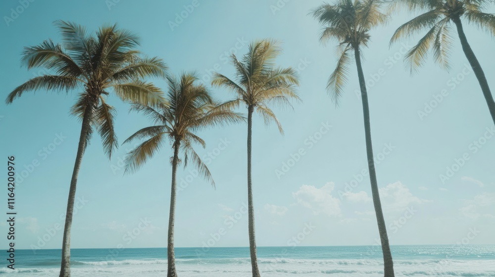 Obraz premium Low-angle view of tall palm trees against a bright blue sky and ocean.