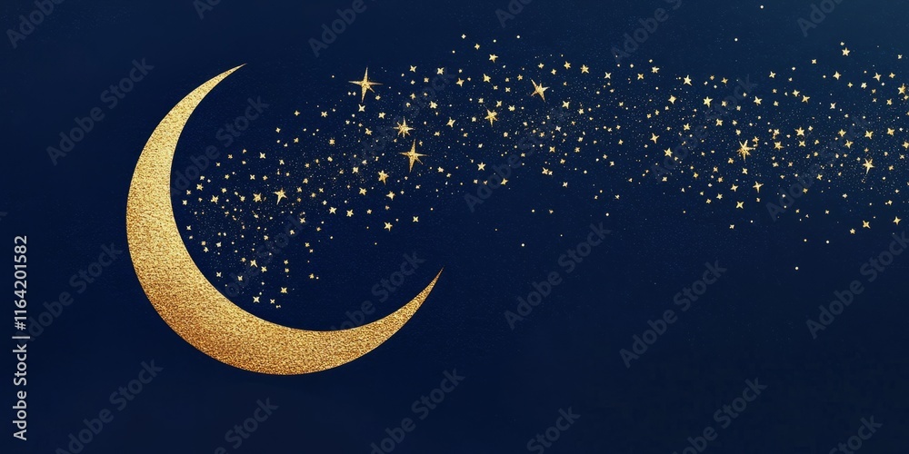 Ramadanthemed card with golden crescent moon and stars Ramadanthemed card with golden crescent moon and stars