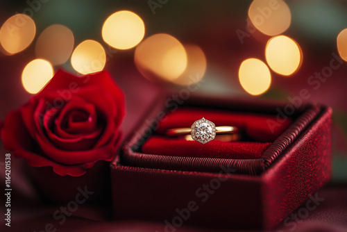 Wedding ring in a red box with a red rose on a bokeh background photo