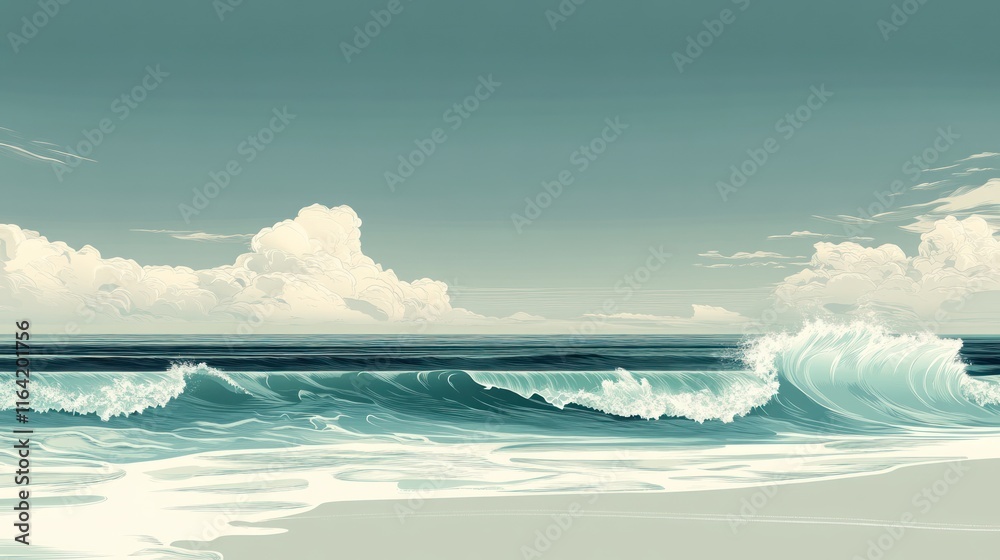 Ocean waves crashing on a sandy beach under a cloudy sky. Ocean waves crashing on a sandy beach under a cloudy sky.