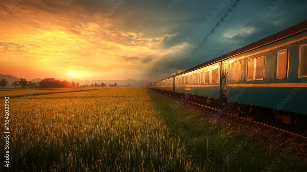 Scenic Train Journey at Sunset Over Golden Rice Fields in Rural Landscape with Azure Skies and Majestic Mountains in the Background Scenic Train Journey at Sunset Over Golden Rice Fields in Rural Landscape with Azure Skies and Majestic Mountains in the Background