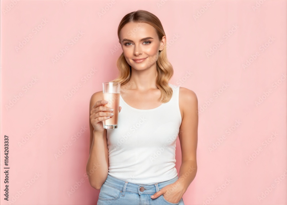 Young Caucasian Woman Holding Glass of Water – Healthy Nutrition Concept on Pink Background. Young Caucasian Woman Holding Glass of Water – Healthy Nutrition Concept on Pink Background.