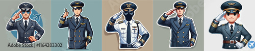 set of vector characters of a pilot saluting