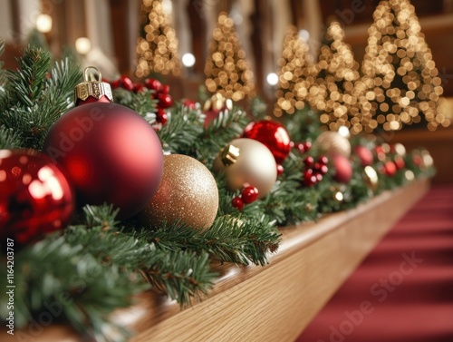 Capture the essence of a serene Christian holiday church service where faith and the holiday spirit shine brightly with a beautiful arrangement of Christmas decorations, featuring red and gold