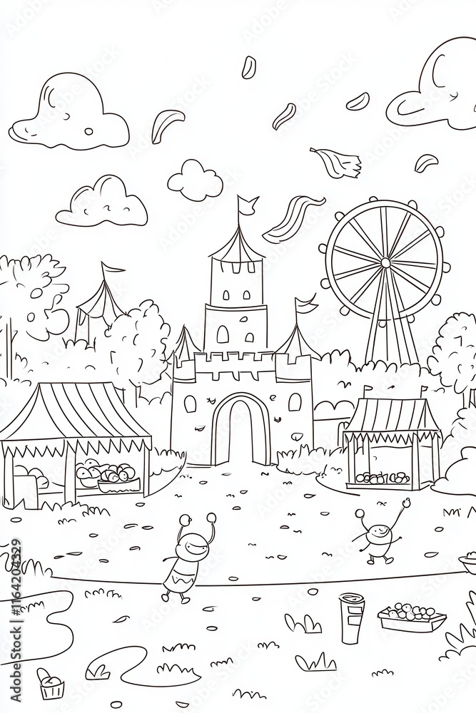 Obraz premium A vibrant carnival coloring book scene featuring acrobats swinging on trapezes, a Ferris wheel spinning brightly, and food stalls serving candy apples. Include intricate costume details, colorful