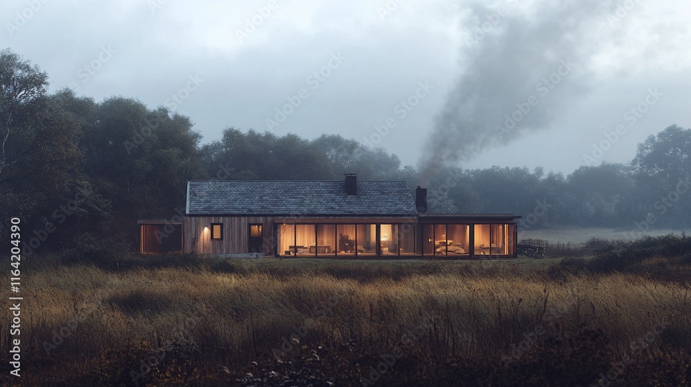 Fototapeta premium Foggy view of a rustic cabin at dusk with warm interior lighting.