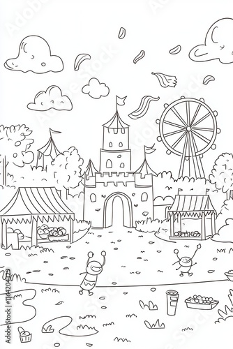 Wallpaper Mural A vibrant carnival coloring book scene featuring acrobats swinging on trapezes, a Ferris wheel spinning brightly, and food stalls serving candy apples. Include intricate costume details, colorful  Torontodigital.ca