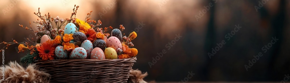 Capture the essence of spring with this stunning image featuring a springtime Easter basket filled with a harmonious blend of vibrant flowers and sweet candy treats, perfect for your Easter Capture the essence of spring with this stunning image featuring a springtime Easter basket filled with a harmonious blend of vibrant flowers and sweet candy treats, perfect for your Easter