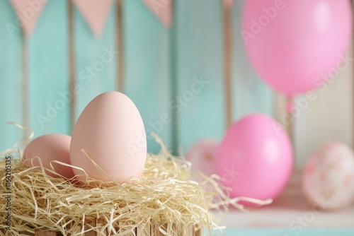 Capture the joy of a spring carnival hosting an egg hunt tournament Discover festive decorations like pastel pinks and vibrant balloons This whimsical image also features an adorable nest filled with photo